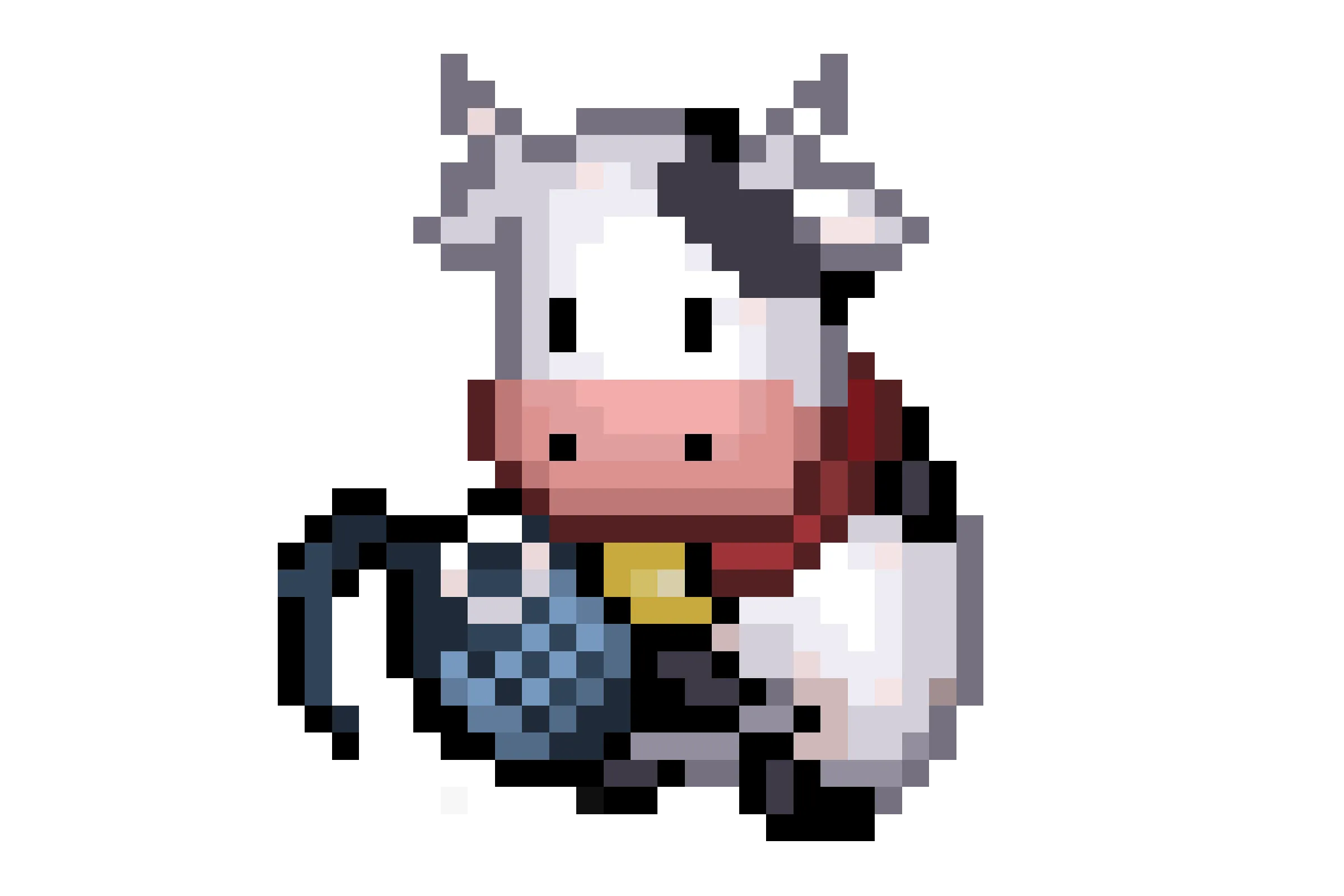 An illustration depicting a Harvest Moon style cow and a hand grenade.