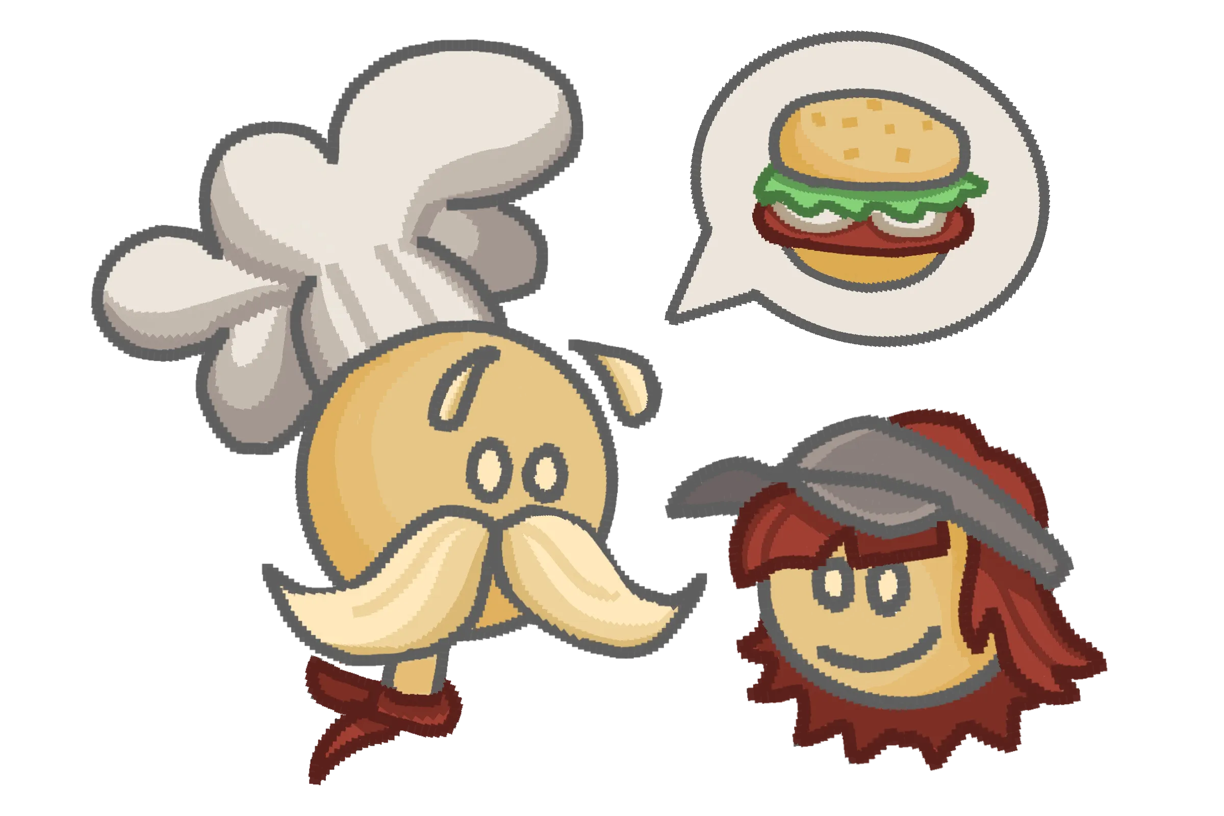 An illustration of Papa Louie from the Papa’s cooking games. Next to him is the main character, Campbell.
